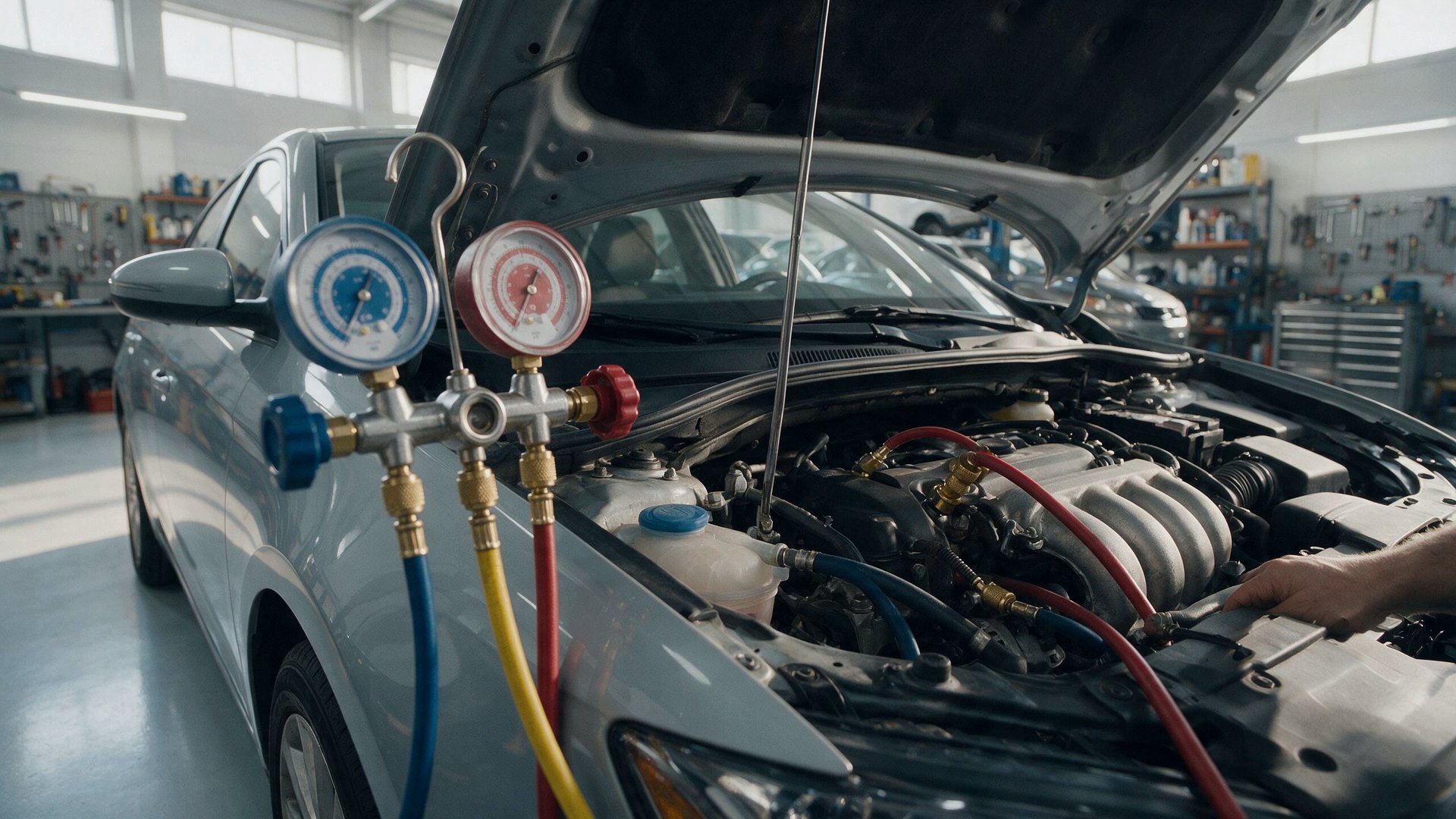 Servicio de aire acondicionado automotriz con manómetros conectados al sistema del vehículo