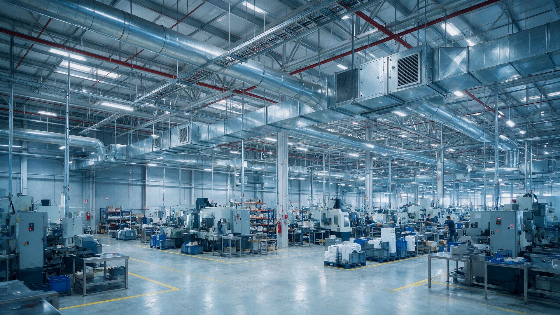 Ductería y unidades de climatización industrial en el techo de una planta de producción