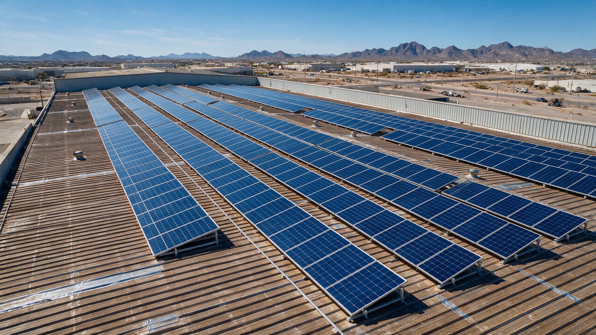 Paneles solares instalados en la azotea de una nave industrial